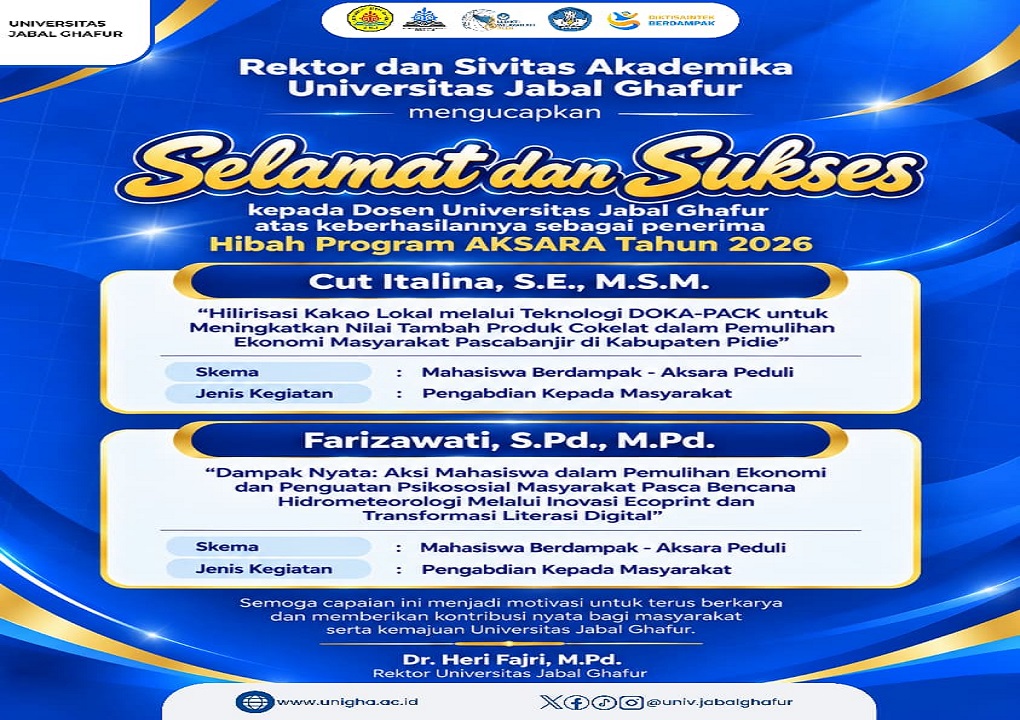 Dua Dosen Universitas Jabal Ghafur Raih Hibah Program AKSARA 2026, Rektor Apresiasi Prestasi dan Kontribusi Nyata bagi Masyarakat